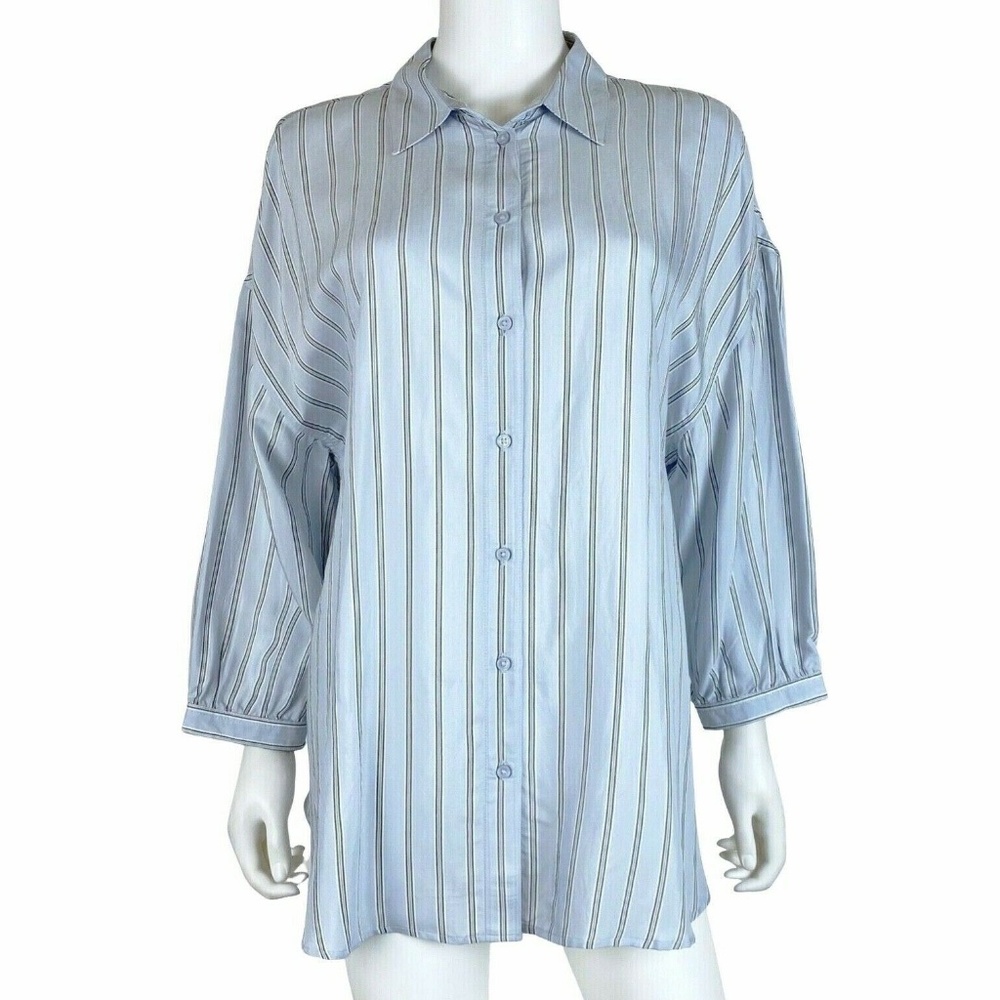 Express Puff Sleeve Dropped Shoulder Blue Striped Shirt